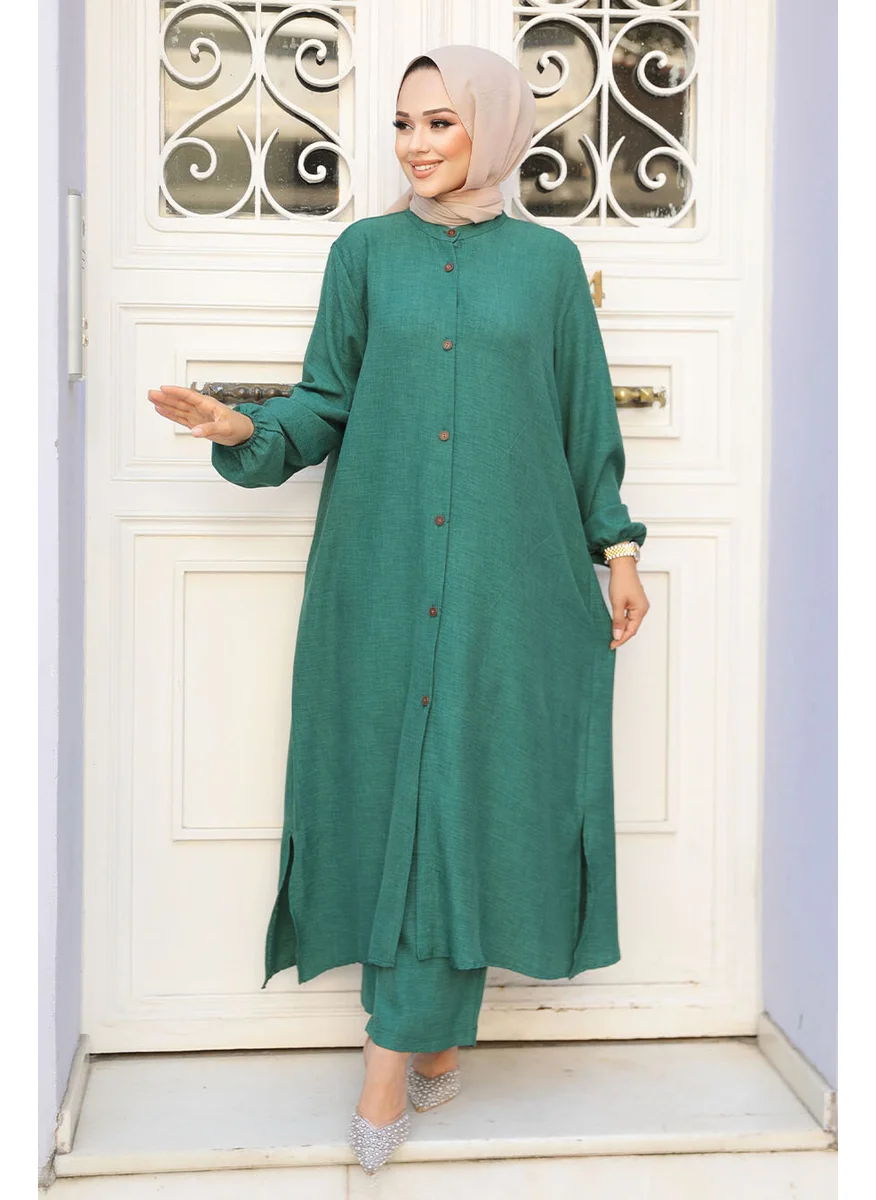 Neva Style Buttoned Emerald Green Hijab Double Suit 19017ZY