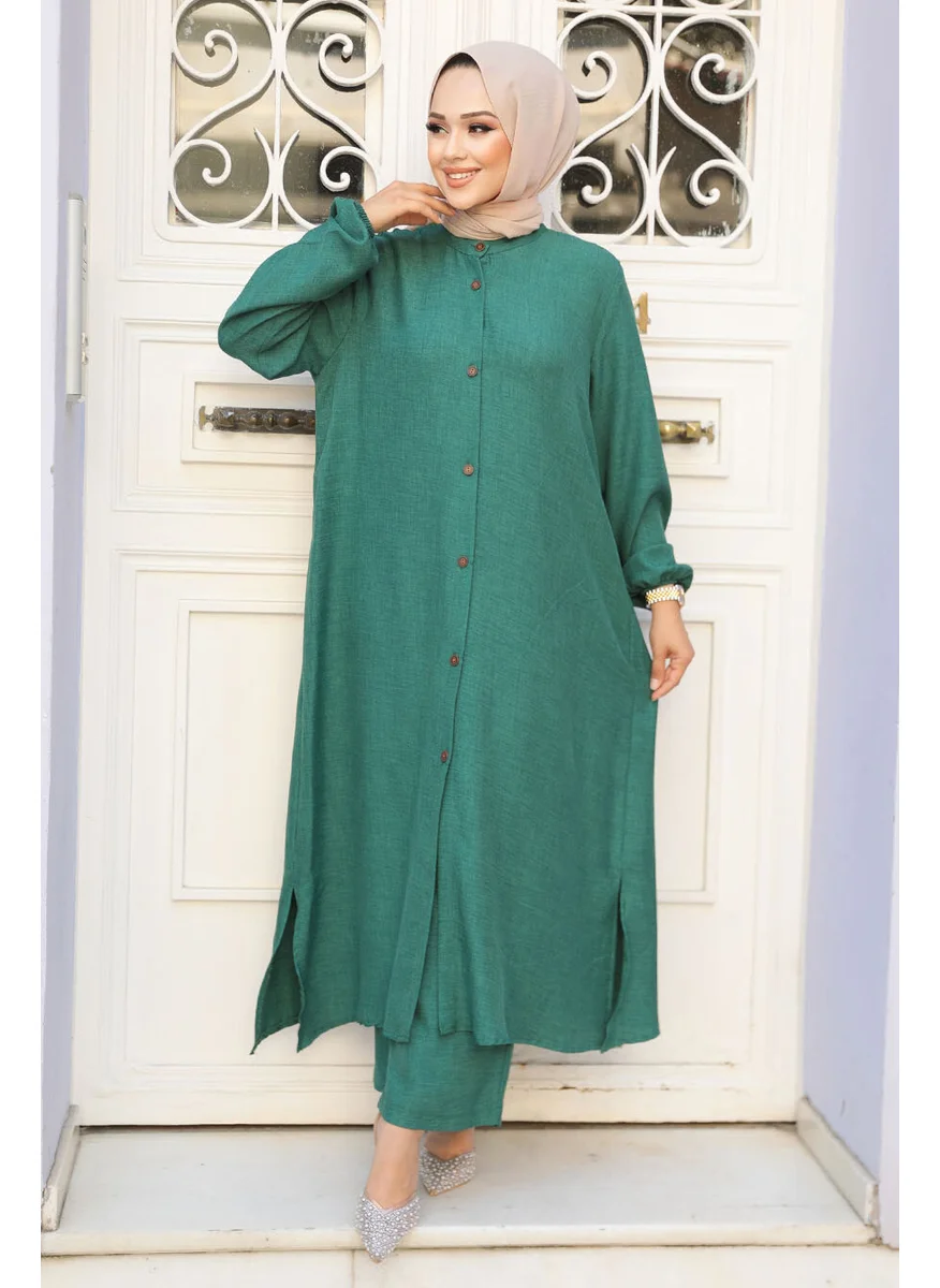 Neva Style Buttoned Emerald Green Hijab Double Suit 19017ZY