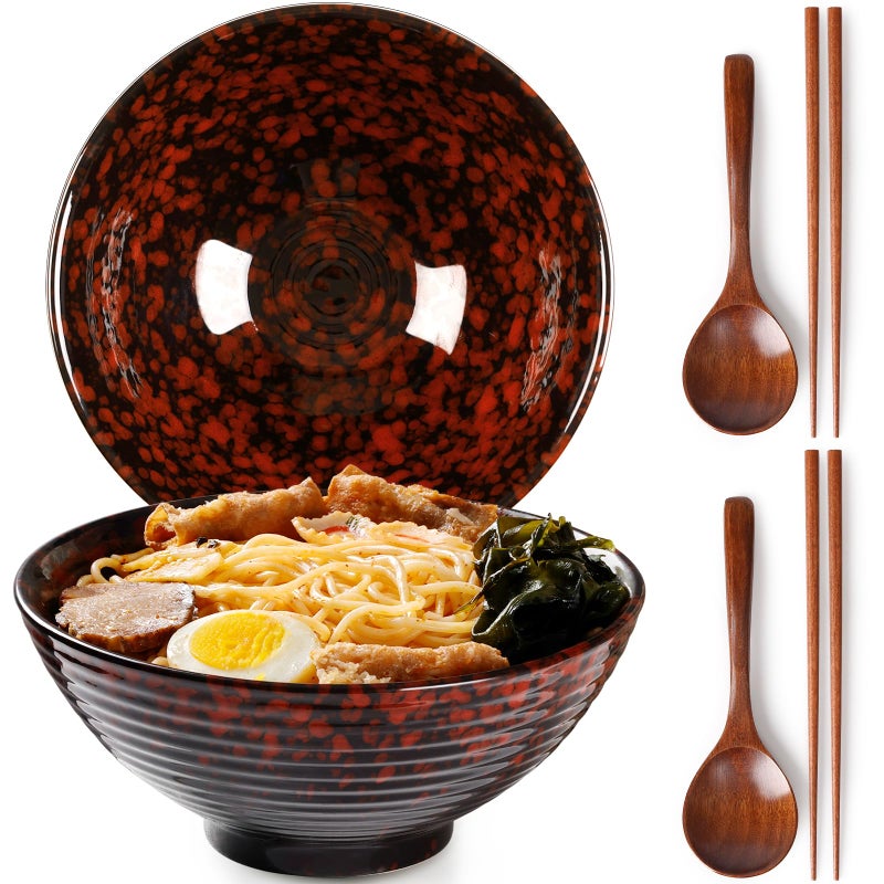 NUTRIUPS 8 Inch Ceramic Ramen Bowl Set of 2 Pho Bowls 40oz Japanese Noodle Udon Soup Bowls with Spoons and Chopsticks (Lava Burst Red) - Image 1