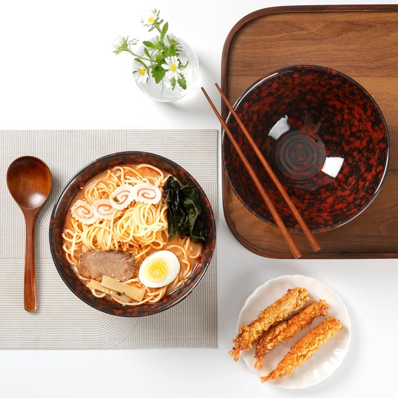 NUTRIUPS 8 Inch Ceramic Ramen Bowl Set of 2 Pho Bowls 40oz Japanese Noodle Udon Soup Bowls with Spoons and Chopsticks (Lava Burst Red) - Image 3