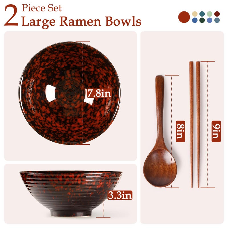 NUTRIUPS 8 Inch Ceramic Ramen Bowl Set of 2 Pho Bowls 40oz Japanese Noodle Udon Soup Bowls with Spoons and Chopsticks (Lava Burst Red) - Image 2