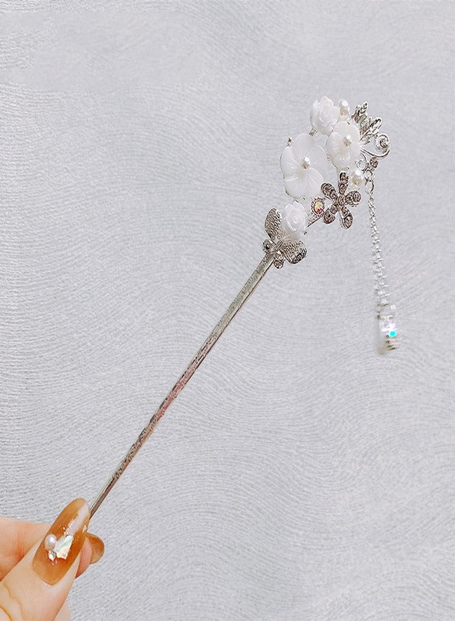 SYGA 1 Piece Ancient Style Pearl Metal Hair Stick Crystal Rhinestones Hair Accessories Headdress Hair Sticks(17 CM) Fashion For Women Girls - White Flower - Image 5