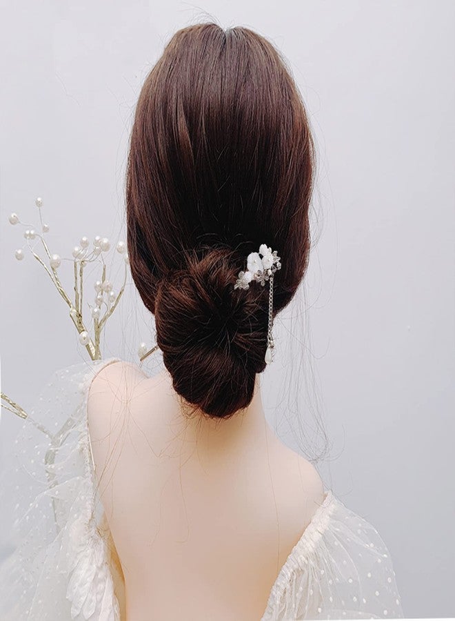 SYGA 1 Piece Ancient Style Pearl Metal Hair Stick Crystal Rhinestones Hair Accessories Headdress Hair Sticks(17 CM) Fashion For Women Girls - White Flower - Image 1