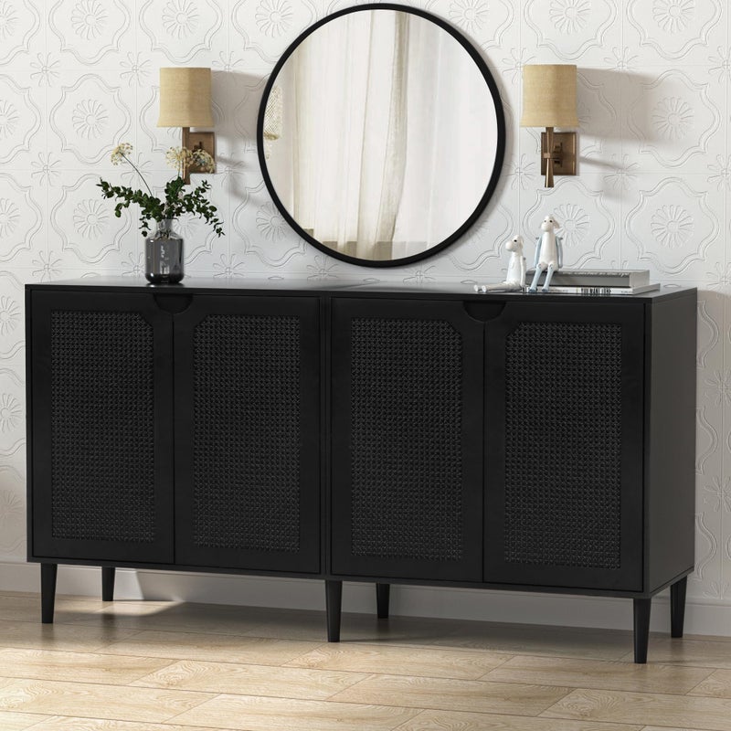 Anmytek Anmytek 63 Rattan Sideboard Buffet Cabinet with 4 Doors Large Kitchen Storage Cabinet Black Sideboard with Adjustable Shelf Credenzas for Kitchen Living Room Hallway H0108 
