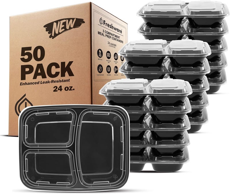 Freshware Meal Prep Containers 50 Pack 3 Compartment Food Storage Containers with Lids Bento Box BPA Free Stackable MicrowaveDishwasherFreezer Safe 24 oz - Image 1