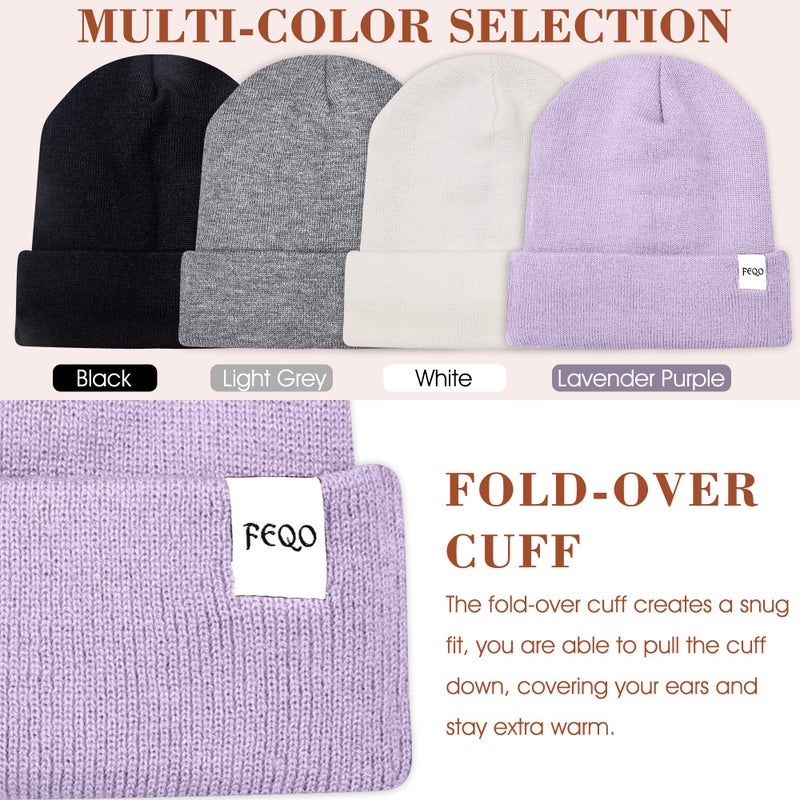 FEQO 4 Pack Satin Lined Winter Beanie Hats Soft Silk Lined Beanies Knit Warm Cuffed Hats for Women Men(Black, White, Light Gray, Lavender Purple) - Image 5