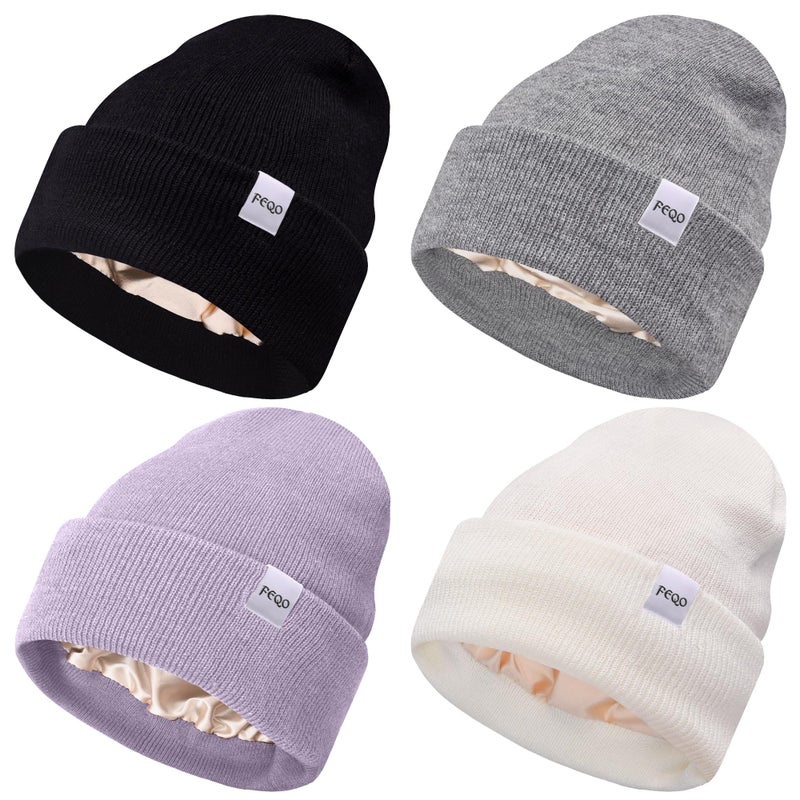 FEQO 4 Pack Satin Lined Winter Beanie Hats Soft Silk Lined Beanies Knit Warm Cuffed Hats for Women Men(Black, White, Light Gray, Lavender Purple) - Image 1