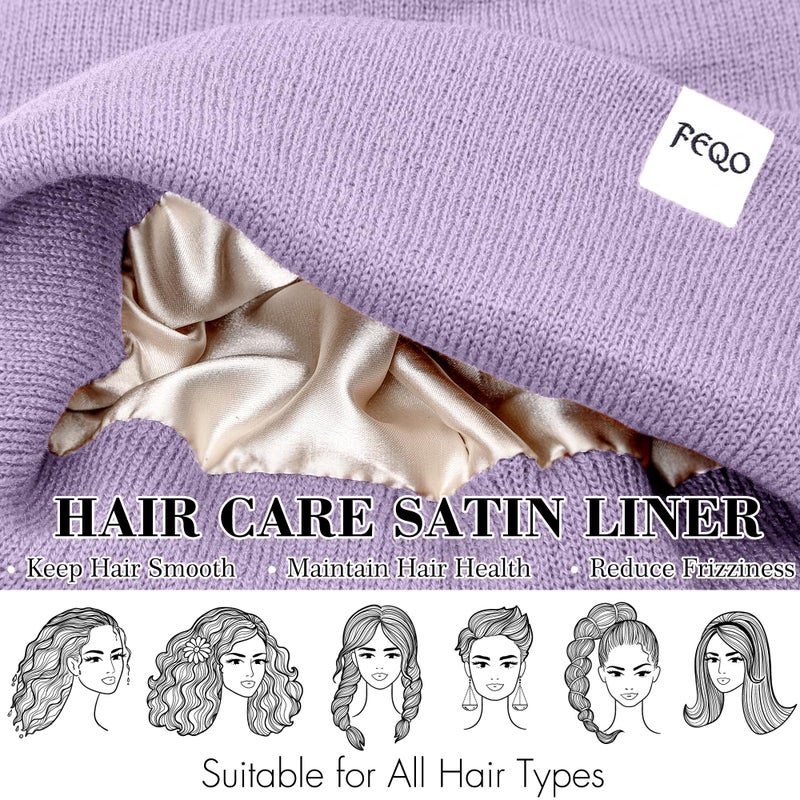 FEQO 4 Pack Satin Lined Winter Beanie Hats Soft Silk Lined Beanies Knit Warm Cuffed Hats for Women Men(Black, White, Light Gray, Lavender Purple) - Image 2
