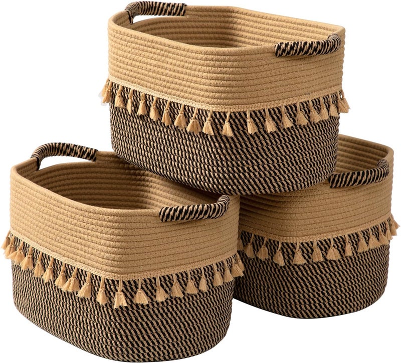 TeoKJ Set of 3 Baskets for Organizing, Decorative Rope Baskets for Storage, Storage for Pets, books, Pillows, Toys & Cloths, Black & Jute - Image 1