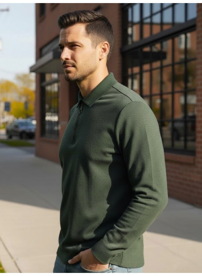 RIGO Green Ribbed Textured Polo T-Shirt for Men - Image 3
