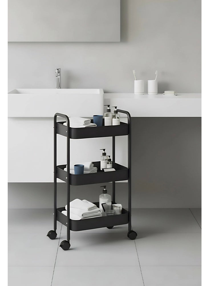 عربة المرافق المتداولة من 3 طبقات مع مقبض ، عربة تخزين متعددة الوظائف للمكتب ، غرفة المعيشة ، المطبخ ، منظم تخزين متنقل مع عجلات ، أسود - Image 4