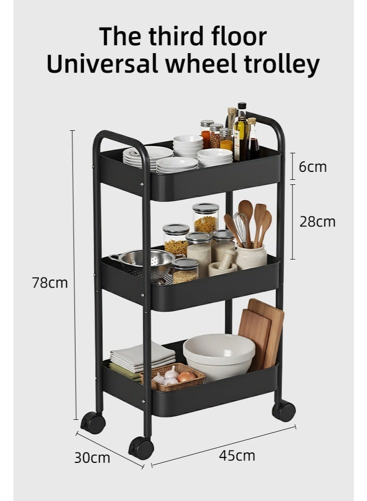 عربة المرافق المتداولة من 3 طبقات مع مقبض ، عربة تخزين متعددة الوظائف للمكتب ، غرفة المعيشة ، المطبخ ، منظم تخزين متنقل مع عجلات ، أسود - Image 2