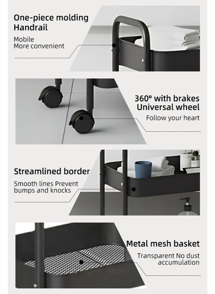 عربة المرافق المتداولة من 3 طبقات مع مقبض ، عربة تخزين متعددة الوظائف للمكتب ، غرفة المعيشة ، المطبخ ، منظم تخزين متنقل مع عجلات ، أسود - Image 5