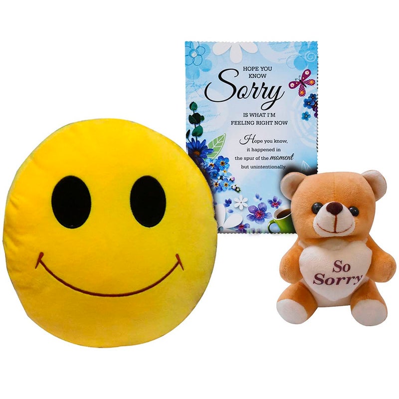Saugat Traders Sorry Gift Combo for Friends Girlfriend Boyfriend Soft Smiley Cushion with Greeting Card and Sorry Teddy Bear - Image 1