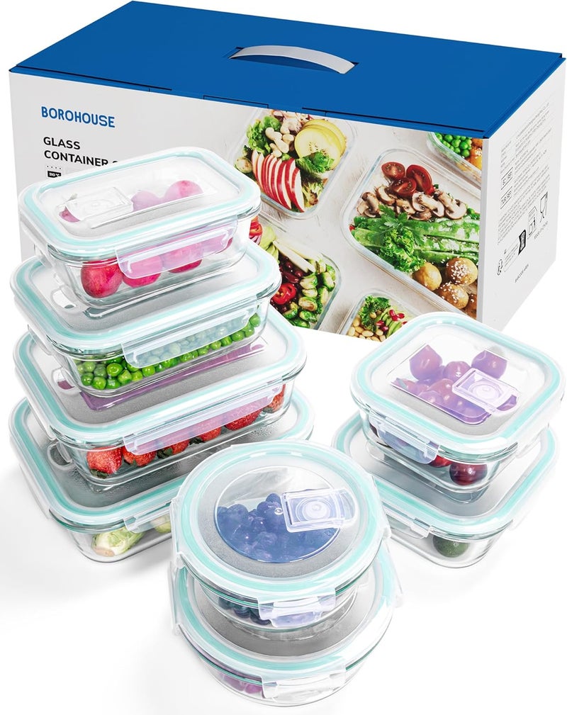BOROHOUSE 8-Piece Borosilicate Glass Food Storage Containers Set with Airtight Lids - Oven, Microwave & Freezer Safe - Image 1