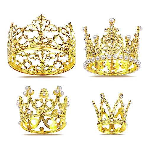 Coidea 4 PCS Crown Cake Topper Gold Mini Crown Flower Arrangements Bouquet Crystal Pearl Vintage Tiara Small Baby Princess Crown for Birthday Wedding Party Baby Shower Decor Boys and Girls - Image 1
