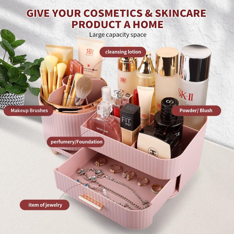 Molutsody Makeup Organizer for Vanity  Cosmetic Display Case with Drawers  Fits Makeup  Skincare Products  Brushes  Lipsticks  and Other Accessories  Versatile Storage Solution (Pink) - Image 4