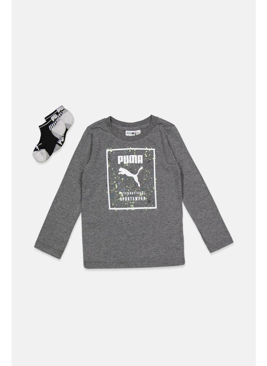 PUMA - Toddlers Boy Long Sleeve Graphic T-shirt And Ankle Socks Set, Grey Combo - Image 1