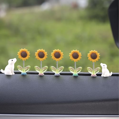 Kurilai 7pcs Cute Rearview Mirror Accessories Funny Dog Car Ornament Shaking Spring Sunflower Dashboard Decorations for Christmas Valentines Day Gifts - Image 1