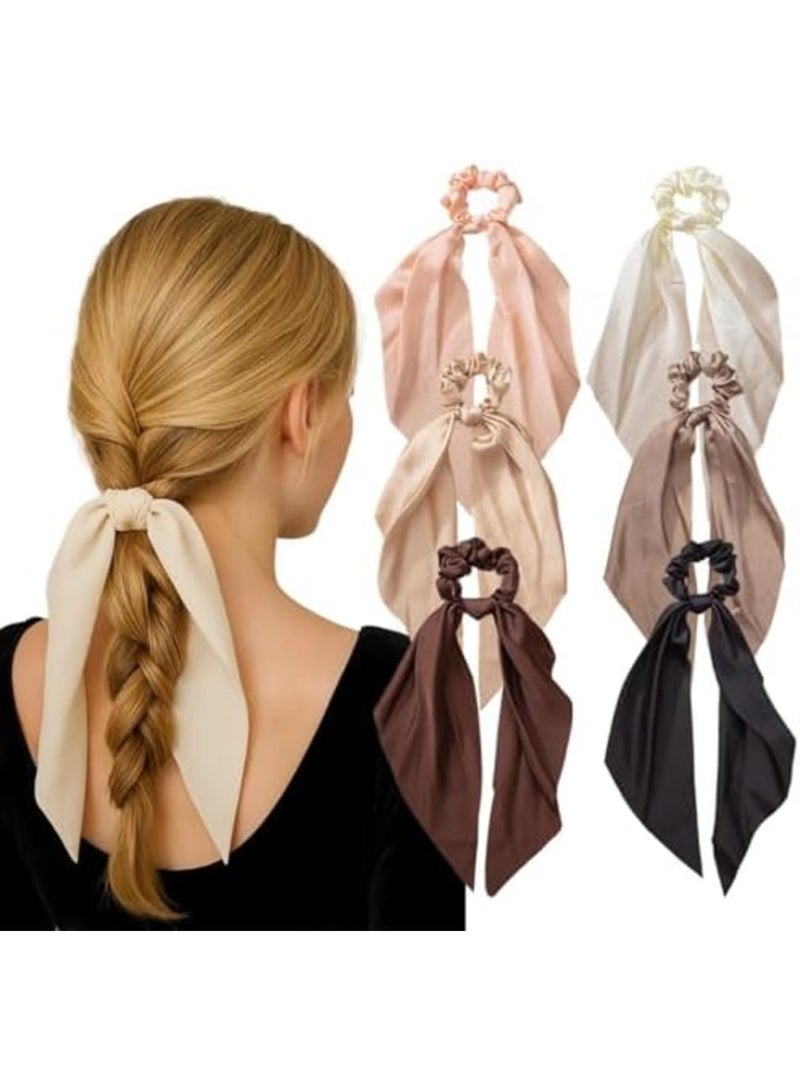 SYOSI 6 قطع أربطة شعر على شكل قوس من الساتان الحريري للنساء والفتيات، شريط شعر معقود، حوامل ذيل حصان مرنة، إكسسوارات شعر ناعمة من الساتان، هدية للحفلات والعطلات وأعياد الميلاد (متعددة الألوان) - Image 1