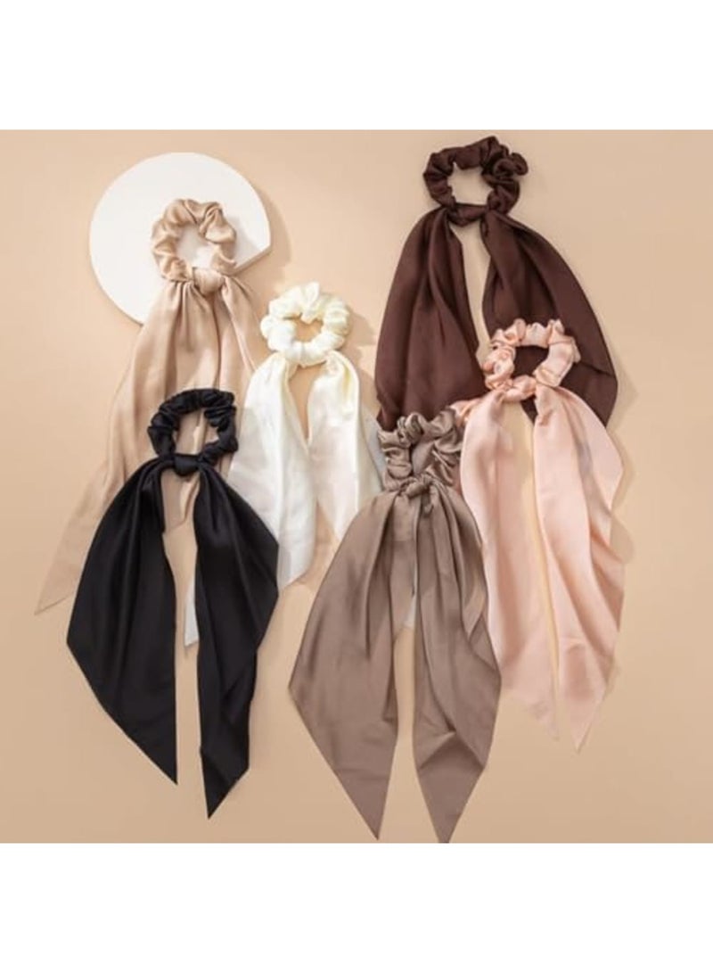 SYOSI 6 قطع أربطة شعر على شكل قوس من الساتان الحريري للنساء والفتيات، شريط شعر معقود، حوامل ذيل حصان مرنة، إكسسوارات شعر ناعمة من الساتان، هدية للحفلات والعطلات وأعياد الميلاد (متعددة الألوان) - Image 2