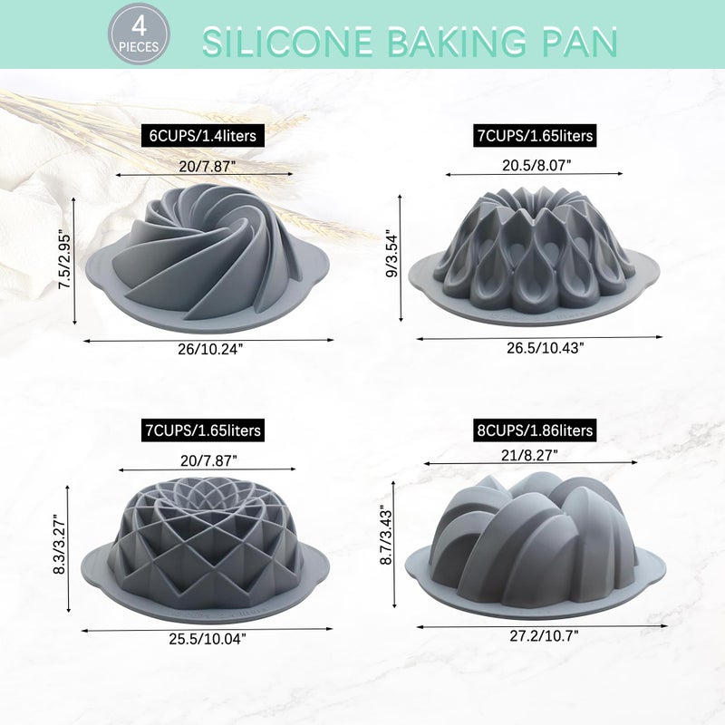 Tongjude 4 Pieces Silicone Fluted Cake Pans, 6/7/8 Cups Tube Baking Pan, Non-Stick Kitchen Oven Baking Pans, Silicone Molds for Homemade Cake, Bread and Jello, Grey - Image 3