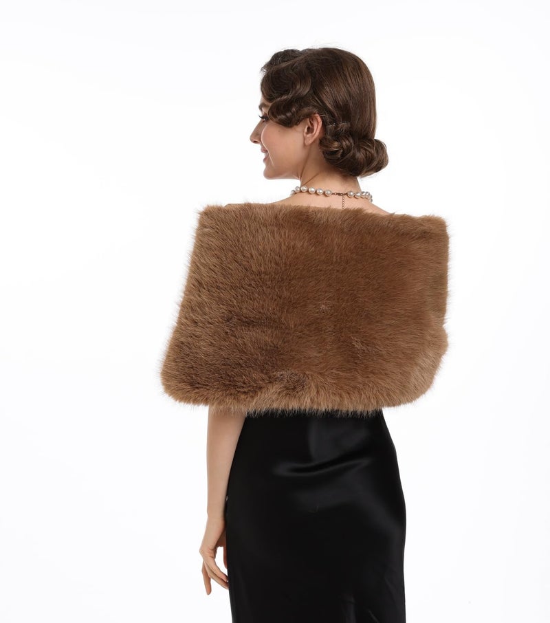 SAFERIN Women Luxurious Large Winter Faux Fur Scarf Wrap Collar Shrug for Lady Poncho Wedding Dinner Party (Shawl-Soild Camel) - Image 2