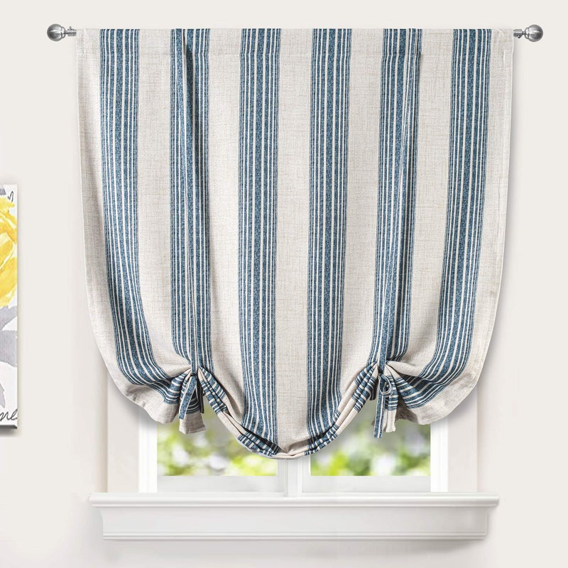 DriftAway DriftAway Chris Double Layer Linen Blackout Tie Up Curtains Thermal Insulated Fully Lined Vertical Striped Balloon Roman Shade Bathroom Window Adjustable Rod Pocket 45 Inch by 63 Inch Jean Navy  - Image 1