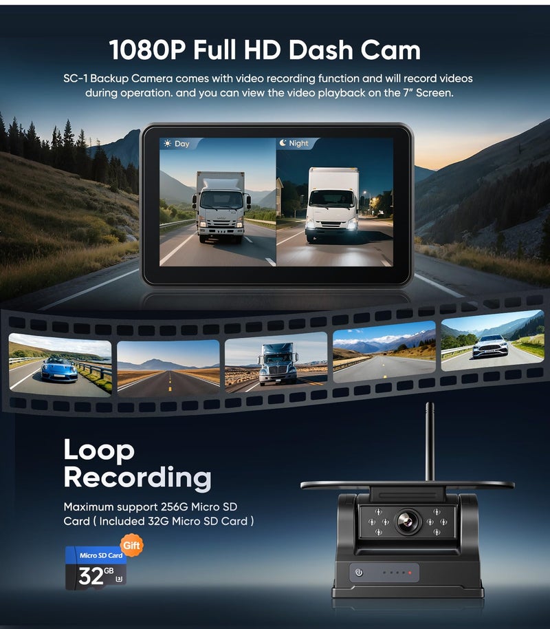 Seventour 7" Portable 1080P Solar Wireless Backup Camera Car Dash Cam,1 Min No Wiring Easy Install Rechargeable Magnetic Back up Camera for Truck/Trailer/Small RV/Camper (Single Camera) - Image 4