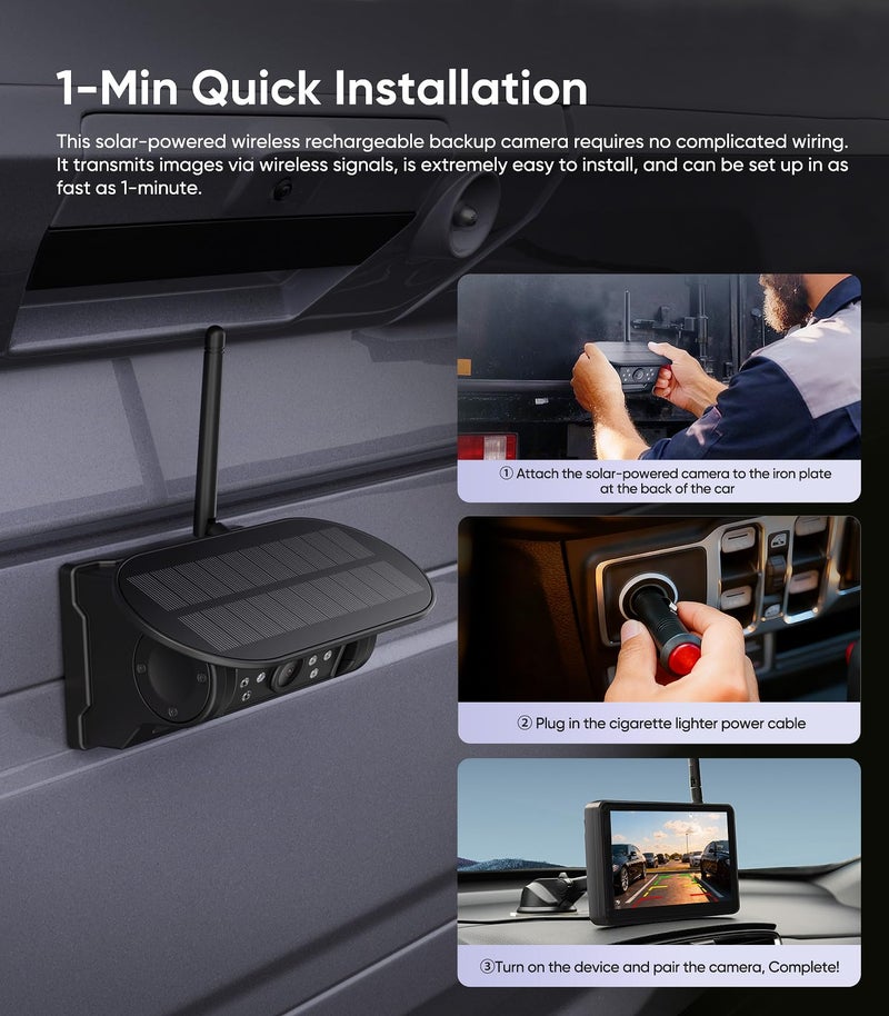 Seventour 7" Portable 1080P Solar Wireless Backup Camera Car Dash Cam,1 Min No Wiring Easy Install Rechargeable Magnetic Back up Camera for Truck/Trailer/Small RV/Camper (Single Camera) - Image 5