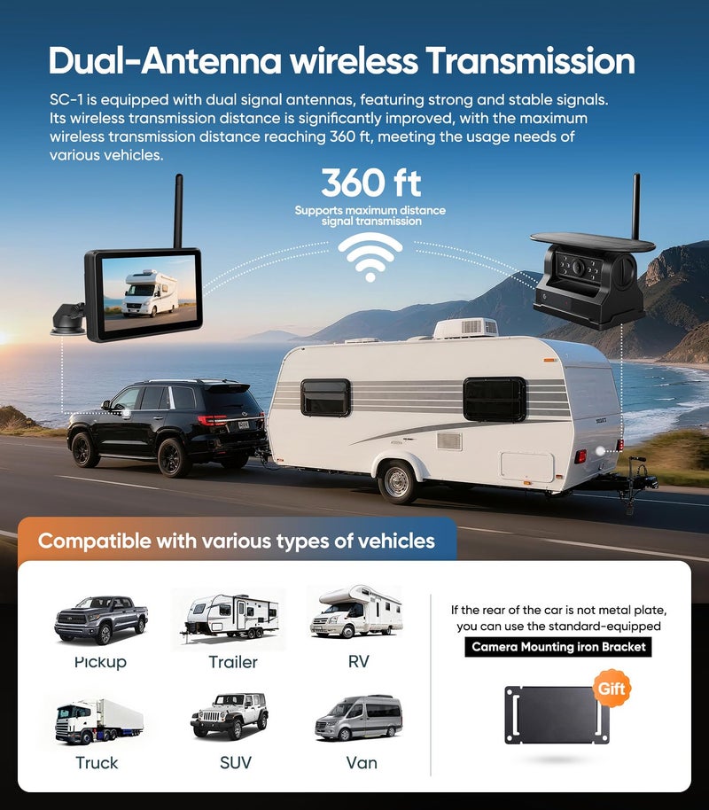 Seventour 7" Portable 1080P Solar Wireless Backup Camera Car Dash Cam,1 Min No Wiring Easy Install Rechargeable Magnetic Back up Camera for Truck/Trailer/Small RV/Camper (Single Camera) - Image 3