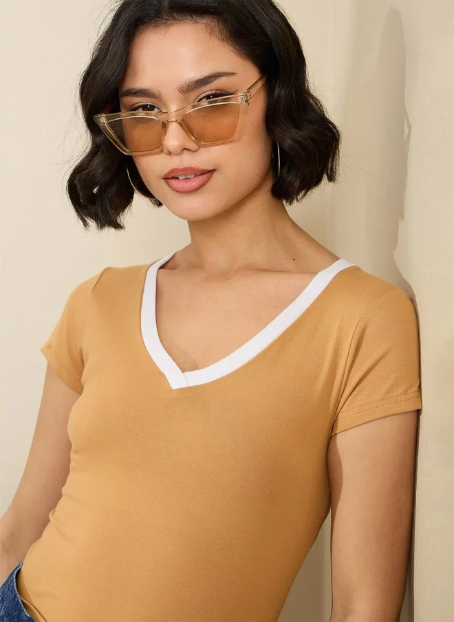 ساسافراس Tan V-Neck Slim Fit T-Shirt for Women