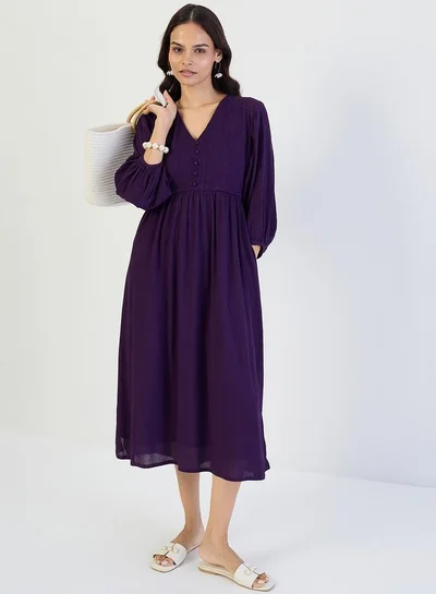 Femmella Deep Purple Crinkled Lace Detail Midi Dress
