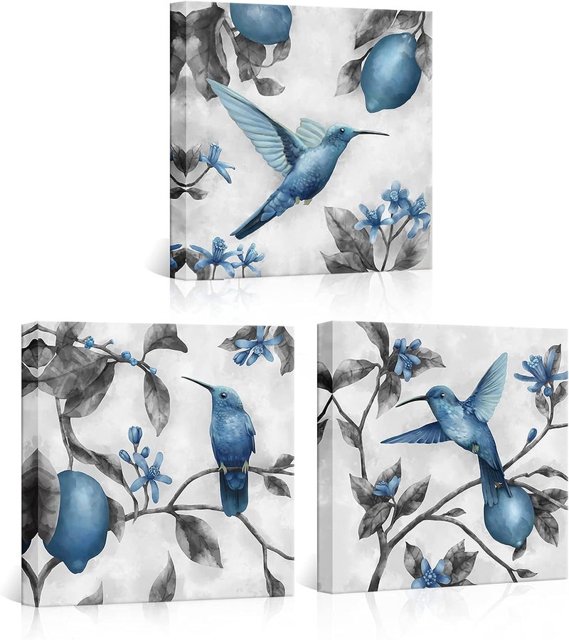 Kalormore Blue and Grey Hummingbird Canvas Wall Art Set - Image 1