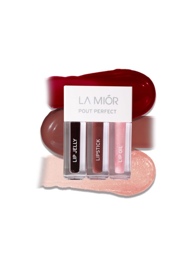 LAMIOR Pout Perfect 3-in-1 Lip Kit - Long Lasting, Hydrating Lip Stain Hydra Matte Liquid Lipstick for Glossy Lips Oil, Peptide Care Travel Kit with Nourishing Ceramides & Noni, (British Winter) - Image 1