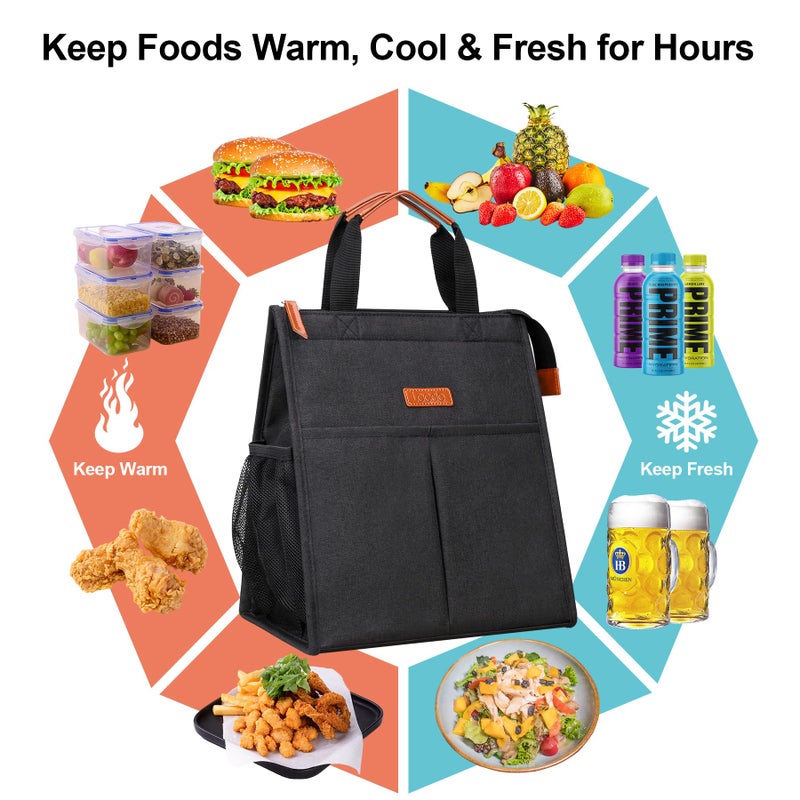 Lacdo Lunch Bag for Women Men Insulated Lunch Tote Bags Waterproof Reusable Lunch Box Soft Cooler with Pockets for Work Travel Picnic, Black - Image 3