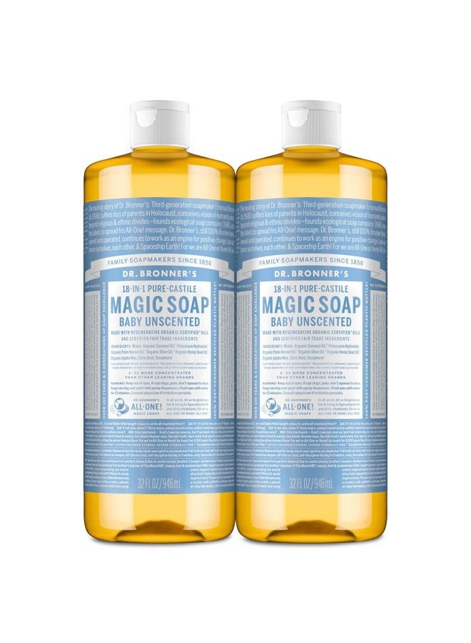 Dr. Bronner's Magic Soap-Pure-Castile Liquid Soap (Baby Unscented, 32 ounce, 2-Pack)-Regenerative Organic Certified Oils, 18-in-1 Uses: Body, Laundry & Dishes, For Sensitive Skin, No Fragrance - Image 1