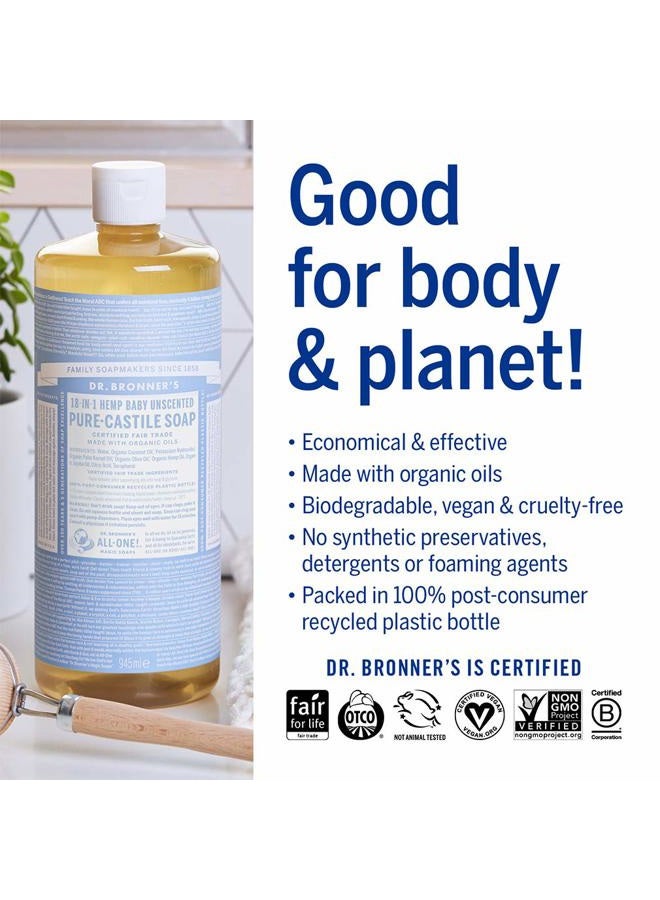 Dr. Bronner's Magic Soap-Pure-Castile Liquid Soap (Baby Unscented, 32 ounce, 2-Pack)-Regenerative Organic Certified Oils, 18-in-1 Uses: Body, Laundry & Dishes, For Sensitive Skin, No Fragrance - Image 3