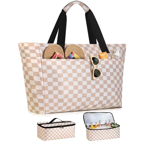ISEYOU Beach Bag and Cooler Bag Set, Extra Large 45L Waterproof Beach Bags for Women with Zip, Foldable Family Beach Tote Bag with 8 Pockets, Ideal for Pool, Picnic, Shopping, Travel - Image 1
