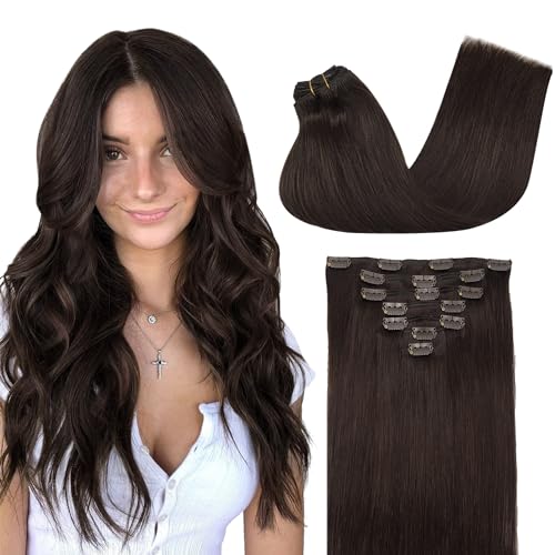 Googoo GOO GOO Clip in Hair Extensions Real Human Hair, Remy Human Hair Extensions Clip ins for Women, Natural Human Hair, 14inch 120g 7Pcs, 2A Light Brown - Image 1
