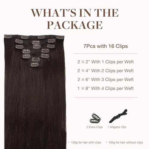 Googoo GOO GOO Clip in Hair Extensions Real Human Hair, Remy Human Hair Extensions Clip ins for Women, Natural Human Hair, 14inch 120g 7Pcs, 2A Light Brown - Image 2