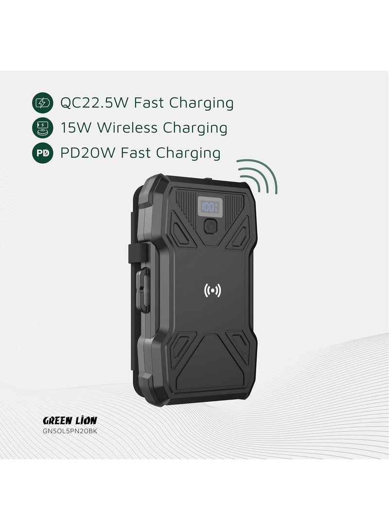 GREEN LION بانك طاقة جرين ليون 20000 مللي أمبير، شحن سريع PD 20W و QC 22.5W، شحن لاسلكي 15W، مصباح يدوي بثلاثة أوضاع، شاحن سريع مع 5 ألواح شمسية، مقاوم للماء، بطارية محمولة للتخييم والأنشطة الخارجية - Image 4