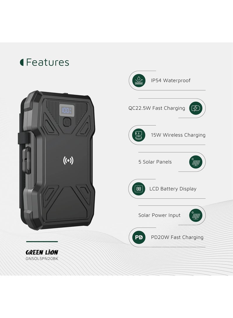 GREEN LION بانك طاقة جرين ليون 20000 مللي أمبير، شحن سريع PD 20W و QC 22.5W، شحن لاسلكي 15W، مصباح يدوي بثلاثة أوضاع، شاحن سريع مع 5 ألواح شمسية، مقاوم للماء، بطارية محمولة للتخييم والأنشطة الخارجية - Image 2