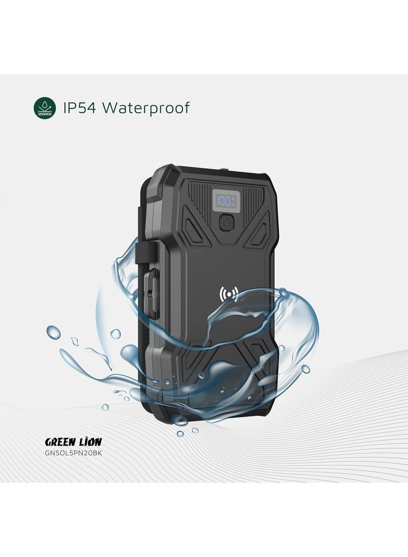 GREEN LION بانك طاقة جرين ليون 20000 مللي أمبير، شحن سريع PD 20W و QC 22.5W، شحن لاسلكي 15W، مصباح يدوي بثلاثة أوضاع، شاحن سريع مع 5 ألواح شمسية، مقاوم للماء، بطارية محمولة للتخييم والأنشطة الخارجية - Image 3
