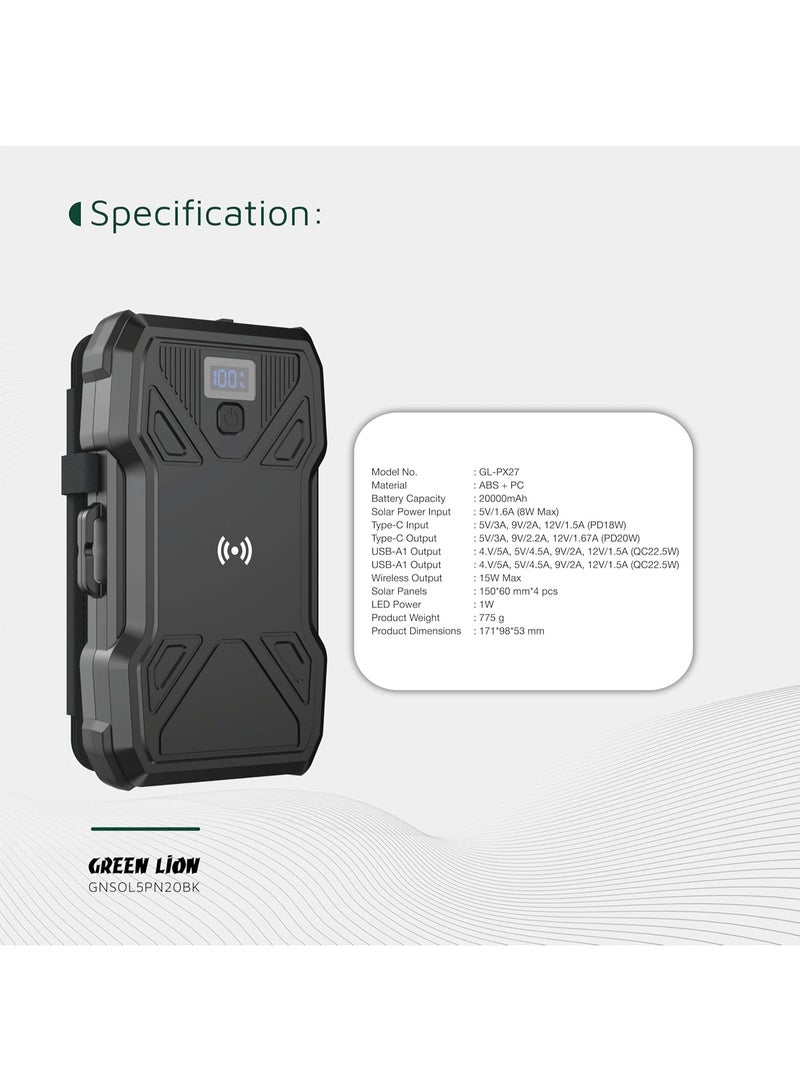 GREEN LION بانك طاقة جرين ليون 20000 مللي أمبير، شحن سريع PD 20W و QC 22.5W، شحن لاسلكي 15W، مصباح يدوي بثلاثة أوضاع، شاحن سريع مع 5 ألواح شمسية، مقاوم للماء، بطارية محمولة للتخييم والأنشطة الخارجية - Image 5