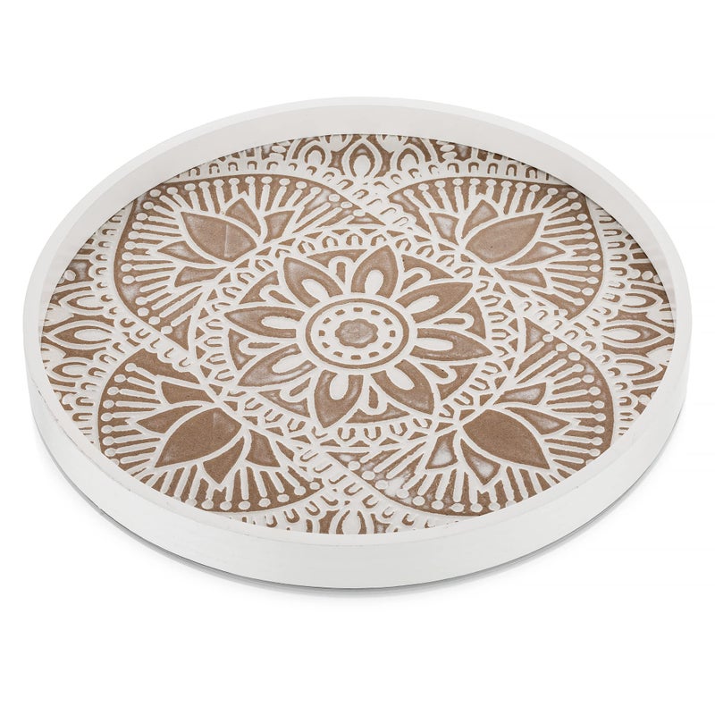 Hanobe Decorative Serving Tray Round Farmhouse Coffee Table Decor Boho White Trays for Ottoman Wood Centerpiece Rustic Mandala Home Decor Living Room Kitchen Counter Display