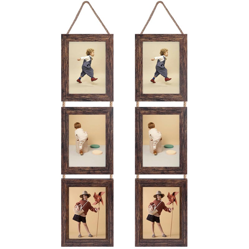 Lavezee Wall Hanging 5x7 Picture Frames Set of 2 Vertical Collage Distressed Brown Triple Frame Made to Display 5 by 7 inch Photo for Wall Decor