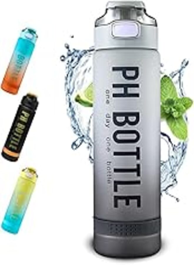 Water Bottle, Motivational Sports Water Bottle with Time Marker, BPA Free, Waterproof, Portable Sports Bottle for Bike, Camping, 1L (Grey)