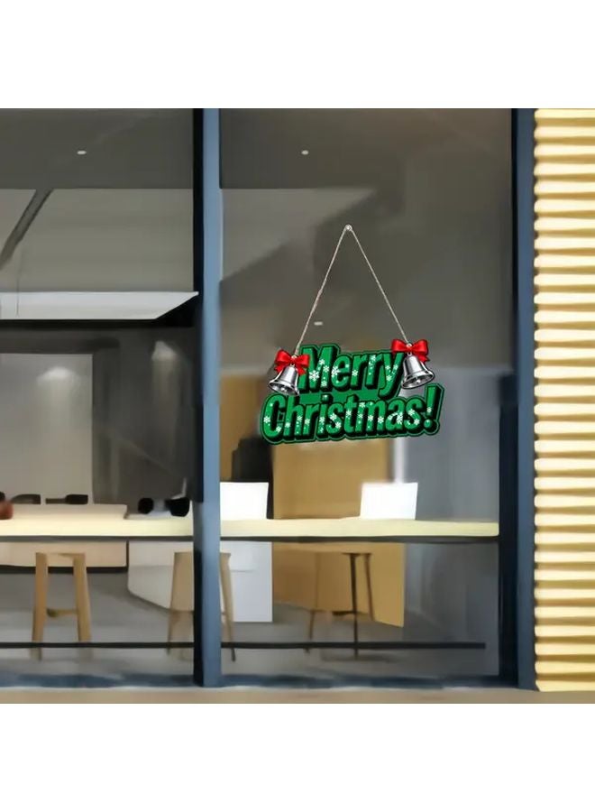 Green Wooden Merry Christmas Wall Sign With Bell Holiday Home Decor - Image 1