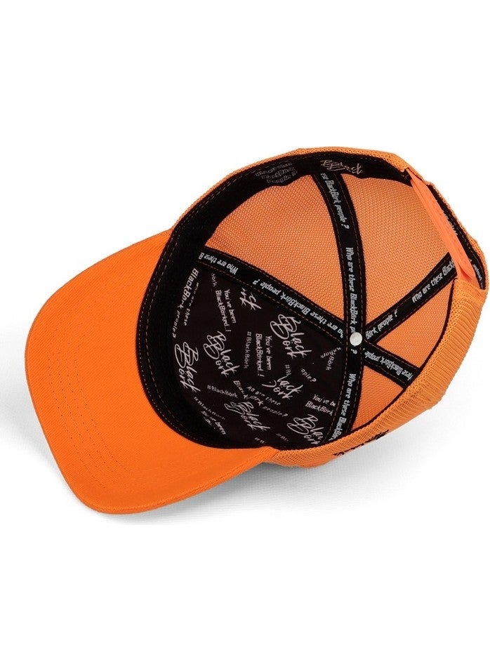 Black Börk V1 Trucker Kids Caveman - 1 Code Logo Unisex Neon Orange Children's Hat  - Image 3